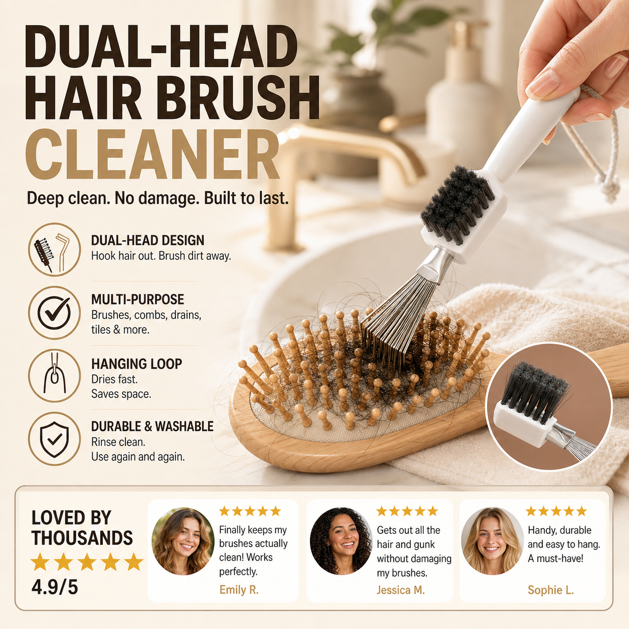 â¨đ§š2-in-1 Hair Brush Cleaner Toolđââď¸, Multi-purpose Hair Remover Comb Cleaner with Stainless Steel Pick & Stiff Brush