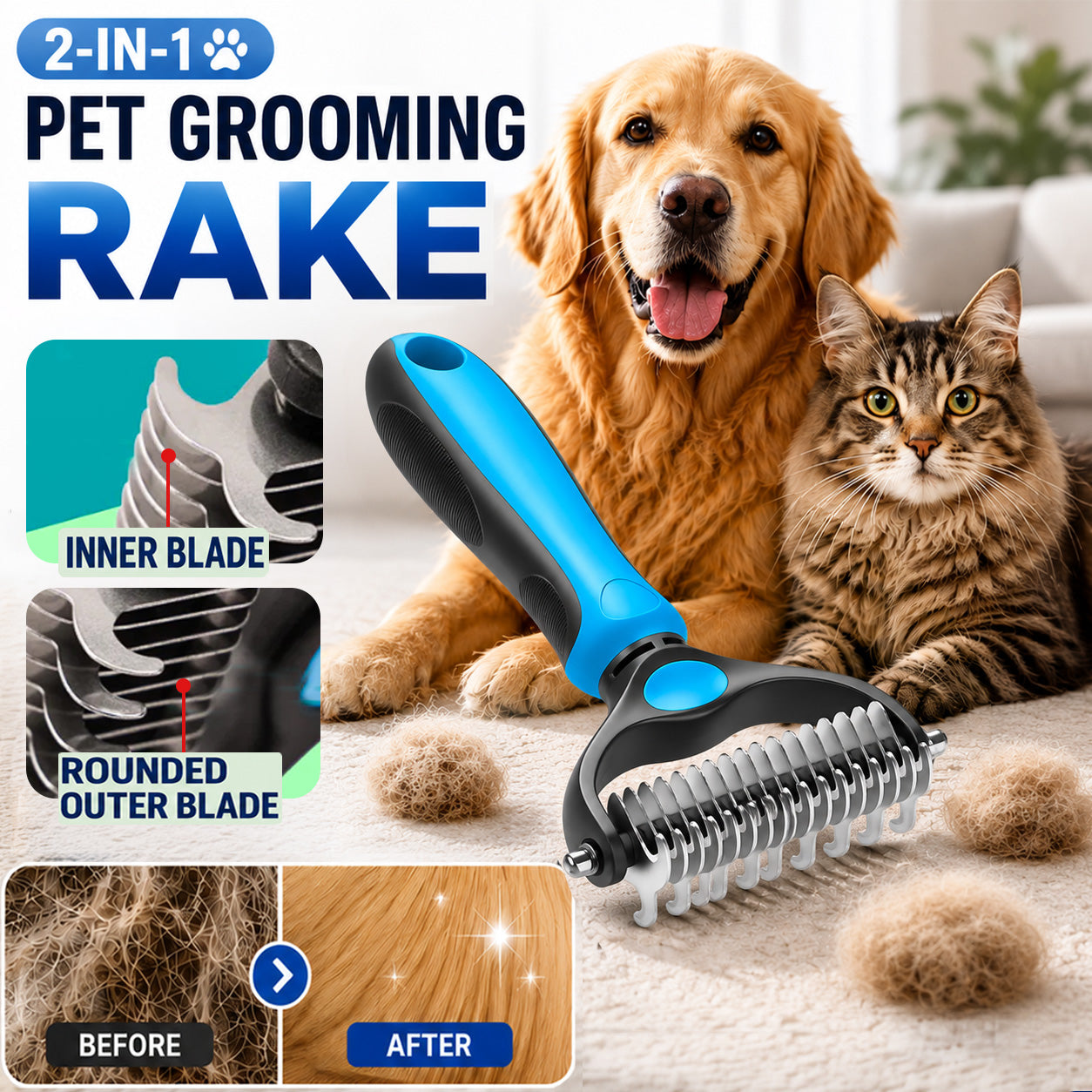 Professional Double-Sided Pet Grooming Rake ✨ Undercoat Deshedding Tool for Dogs & Cats 🐶🐱(OFFER)