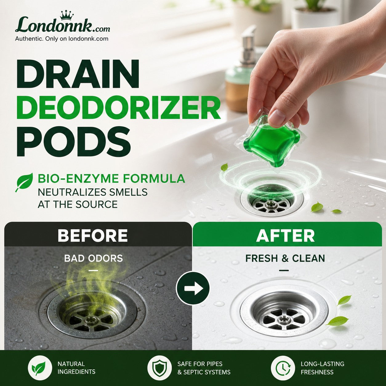 🔵Drain Deodorizer Pods – Bio‑enzyme formula neutralizes smells at the source. Instant fresh scent, no harsh chemicals. 🚰✅