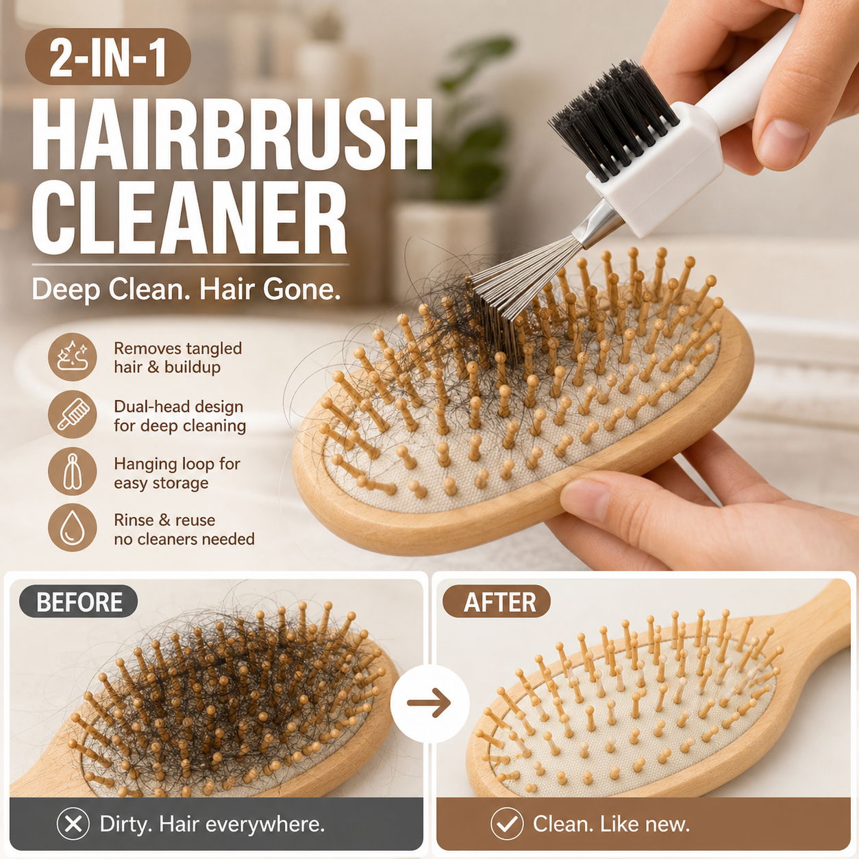 ✨🧹2-in-1 Hair Brush Cleaner Tool💇‍♀️, Multi-purpose Hair Remover Comb Cleaner with Stainless Steel Pick & Stiff Brush (offer)