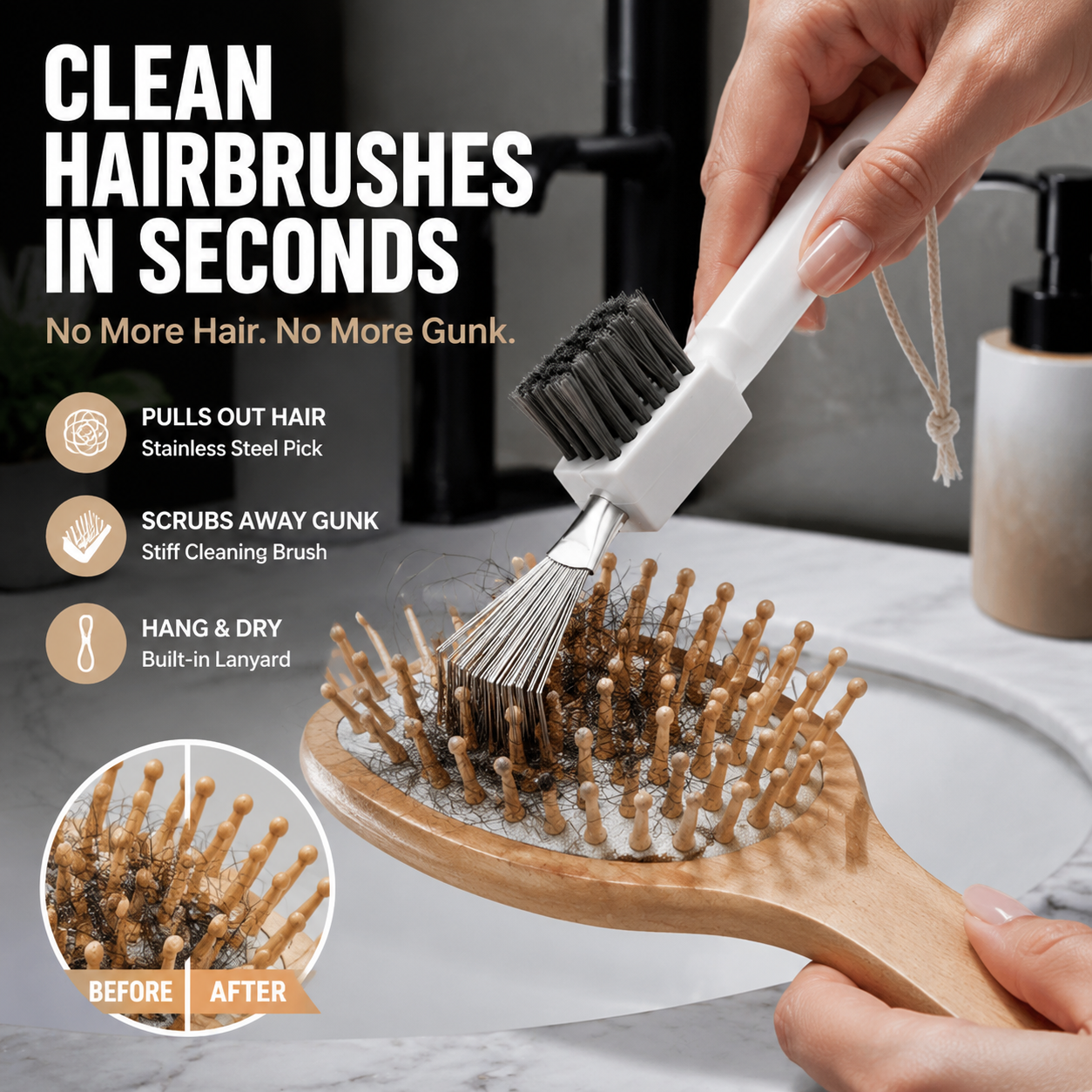 ✨🧹2-in-1 Hair Brush Cleaner Tool💇‍♀️, Multi-purpose Hair Remover Comb Cleaner with Stainless Steel Pick & Stiff Brush (offer)