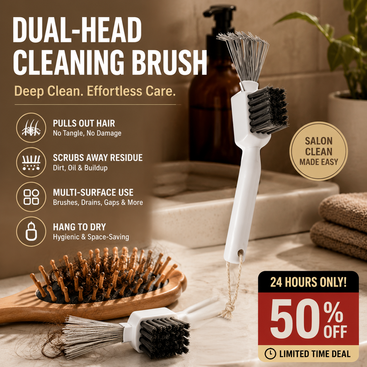 ✨🧹2-in-1 Hair Brush Cleaner Tool💇‍♀️, Multi-purpose Hair Remover Comb Cleaner with Stainless Steel Pick & Stiff Brush (offer)