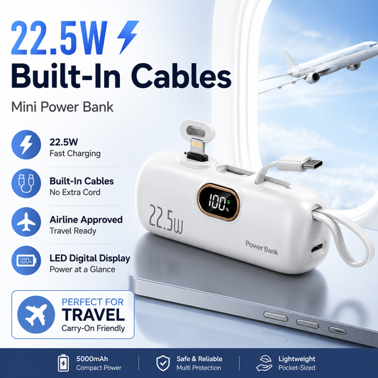 Pocket Power Bank with Built-In Cables | 22.5W Fast Charging