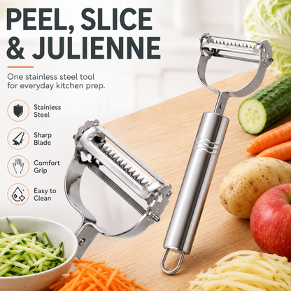 2-in-1 Stainless Steel Peeler & Julienne Slicer – One tool, two blades – peel & julienne in seconds! Sharp rust‑proof blades, ergonomic grip – saves drawer space & prep time! 🍽️✨ (offer)
