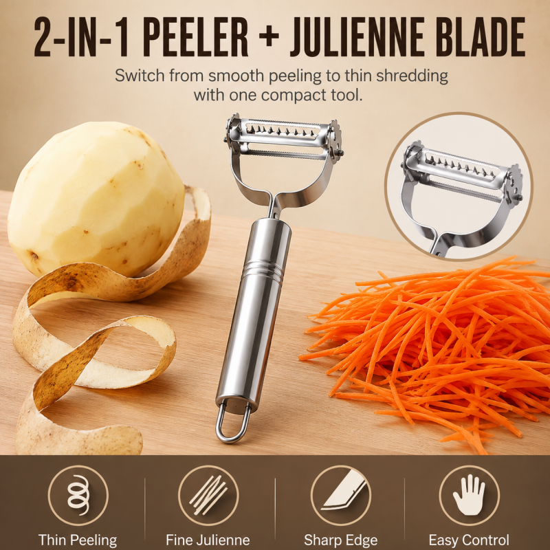 2-in-1 Stainless Steel Peeler & Julienne Slicer – One tool, two blades – peel & julienne in seconds! Sharp rust‑proof blades, ergonomic grip – saves drawer space & prep time! 🍽️✨ (offer)