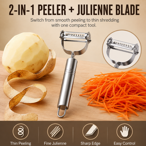 2-in-1 Stainless Steel Peeler & Julienne Slicer – One tool, two blades – peel & julienne in seconds! Sharp rust‑proof blades, ergonomic grip – saves drawer space & prep time! 🍽️✨ (offer)