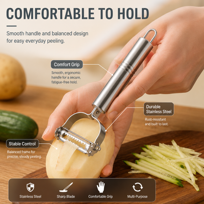 2-in-1 Stainless Steel Peeler & Julienne Slicer – One tool, two blades – peel & julienne in seconds! Sharp rust‑proof blades, ergonomic grip – saves drawer space & prep time! 🍽️✨ (offer)