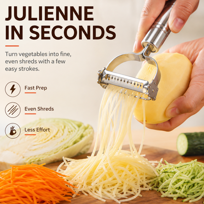 2-in-1 Stainless Steel Peeler & Julienne Slicer – One tool, two blades – peel & julienne in seconds! Sharp rust‑proof blades, ergonomic grip – saves drawer space & prep time! 🍽️✨ (offer)