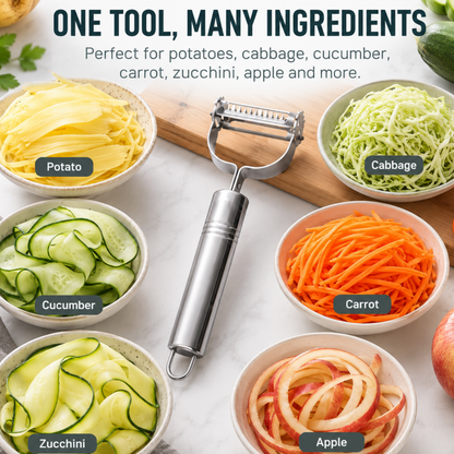 2-in-1 Stainless Steel Peeler & Julienne Slicer – One tool, two blades – peel & julienne in seconds! Sharp rust‑proof blades, ergonomic grip – saves drawer space & prep time! 🍽️✨ (offer)