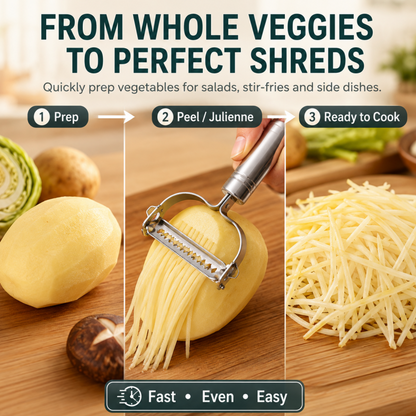 2-in-1 Stainless Steel Peeler & Julienne Slicer – One tool, two blades – peel & julienne in seconds! Sharp rust‑proof blades, ergonomic grip – saves drawer space & prep time! 🍽️✨ (offer)